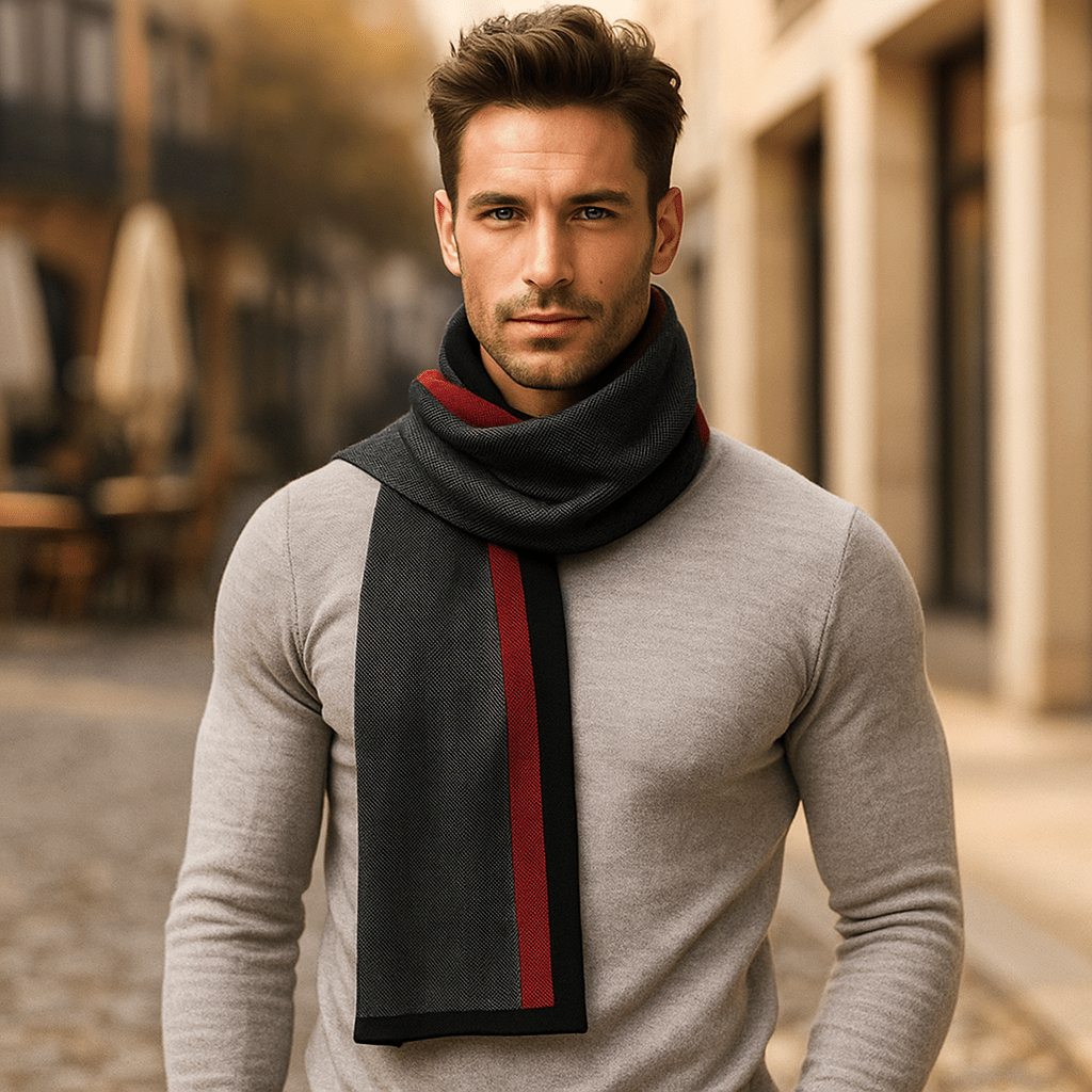 Bufanda Hombre Lana Gris Franja Estilo