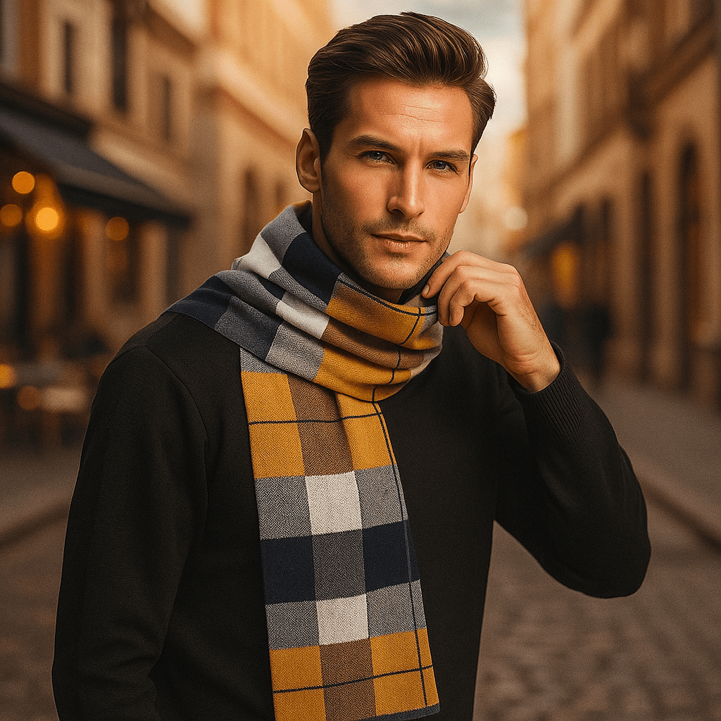 Bufanda Hombre Lana Gris Franja Estilo