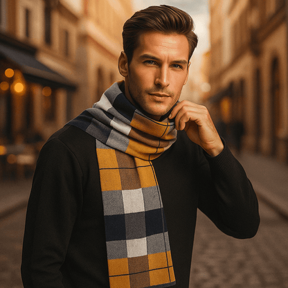 Bufanda Hombre Lana Gris Franja Estilo