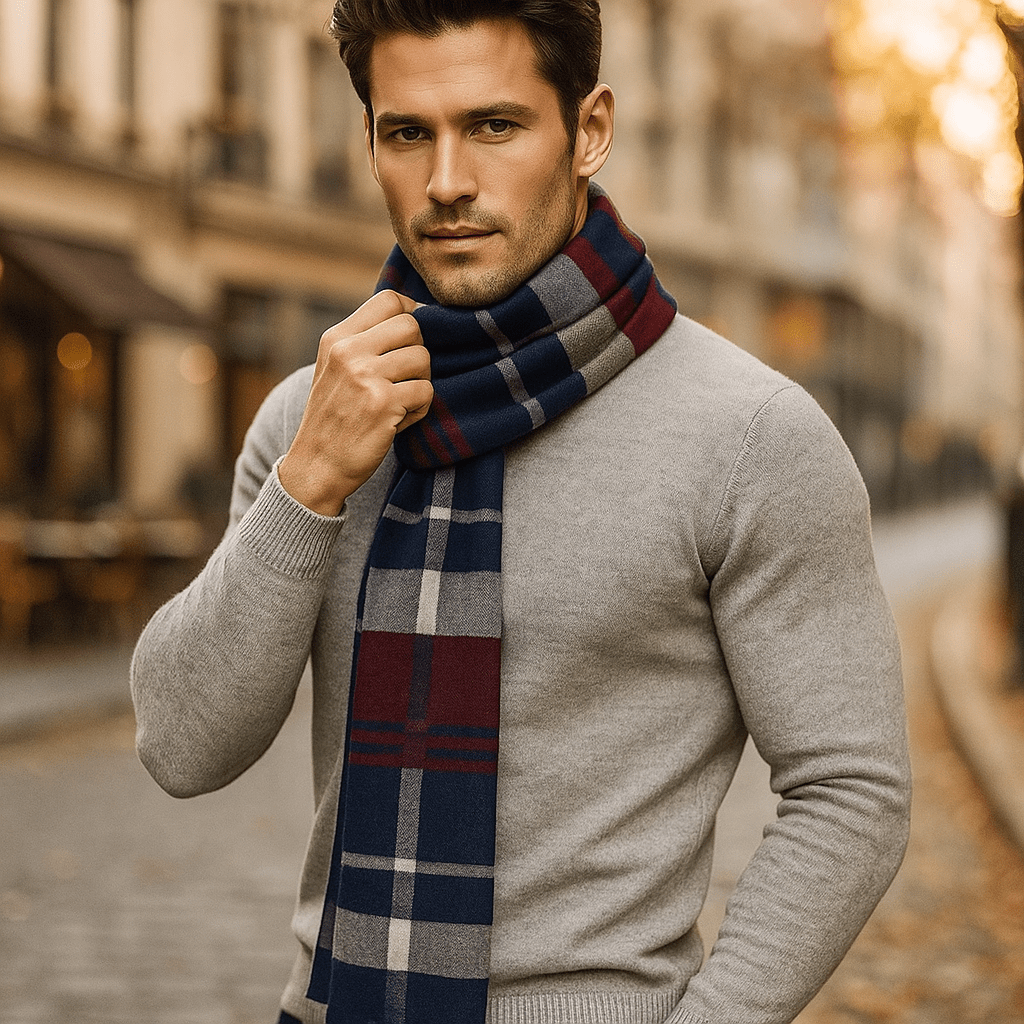 Bufanda Hombre Lana Gris Franja Estilo