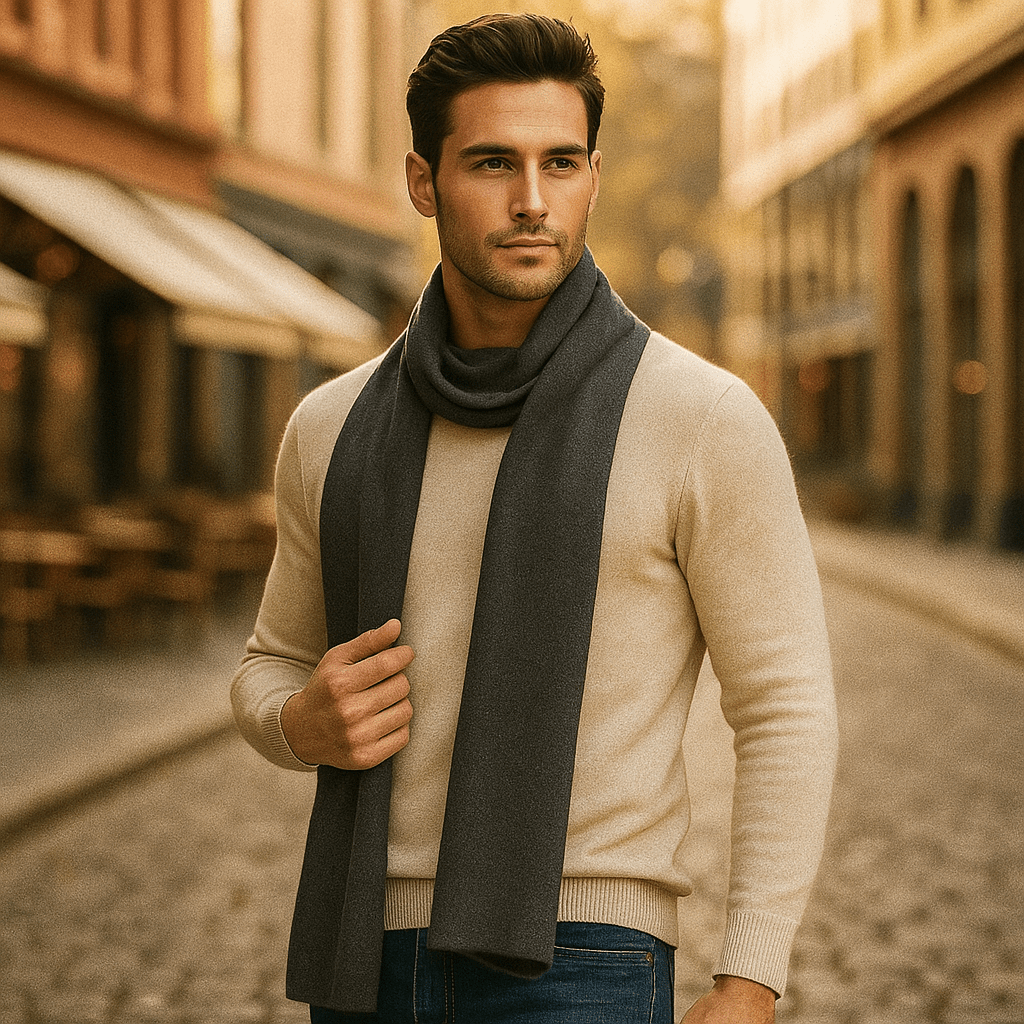 Bufanda Hombre Lana Gris Franja Estilo
