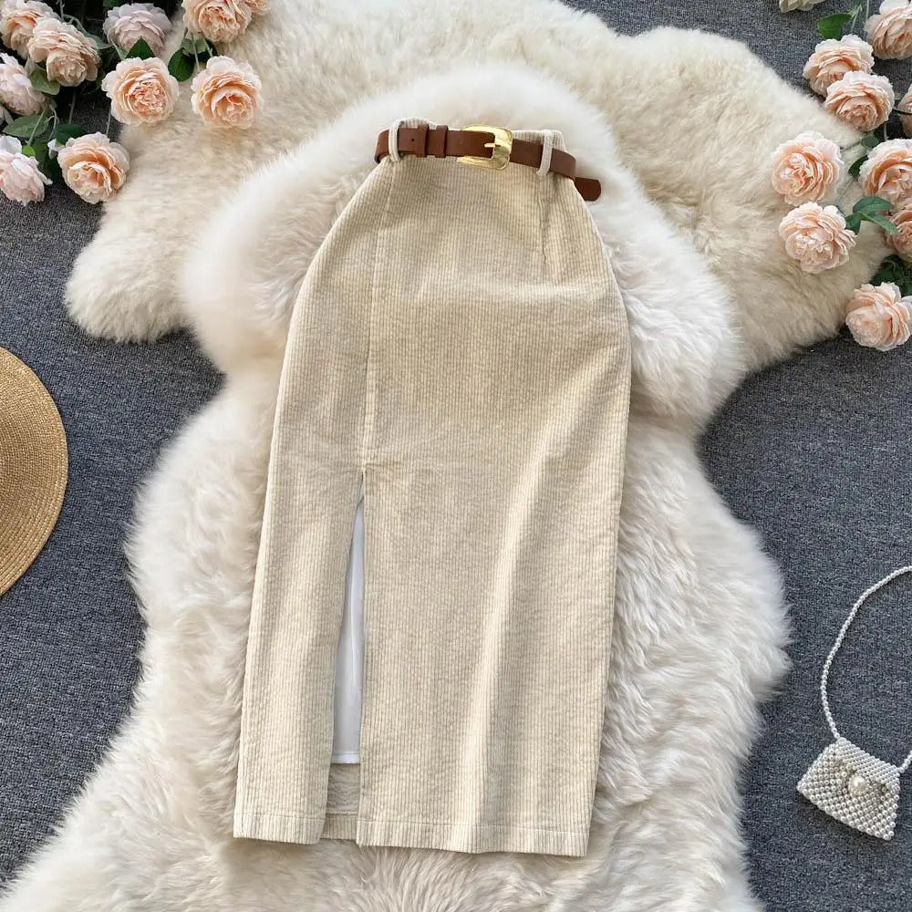 Falda de Pana Cintura Alta Elegante Mujer - Vestiria