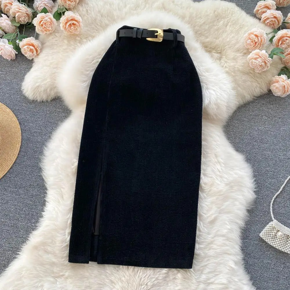 Falda de Pana Cintura Alta Elegante Mujer