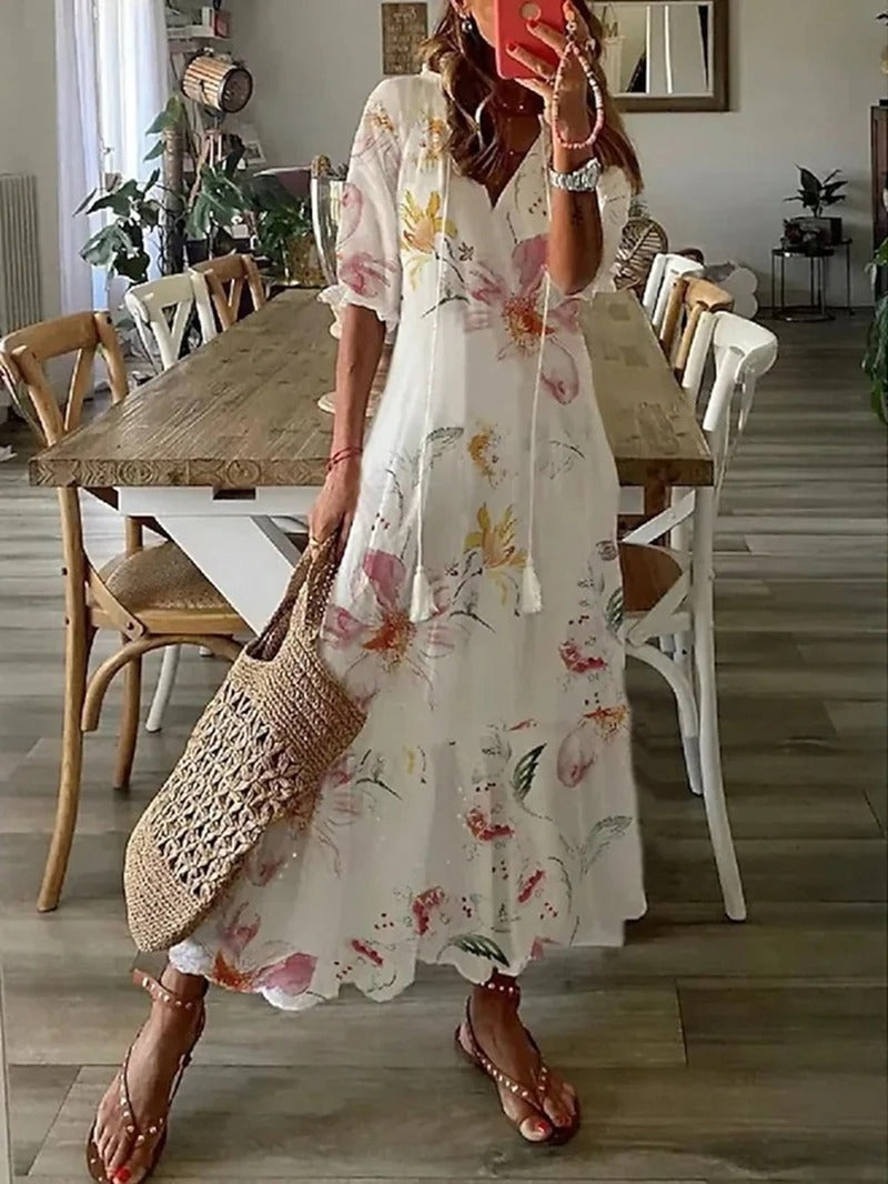 Vestido Largo Floral Estampado con Lazo Cintura