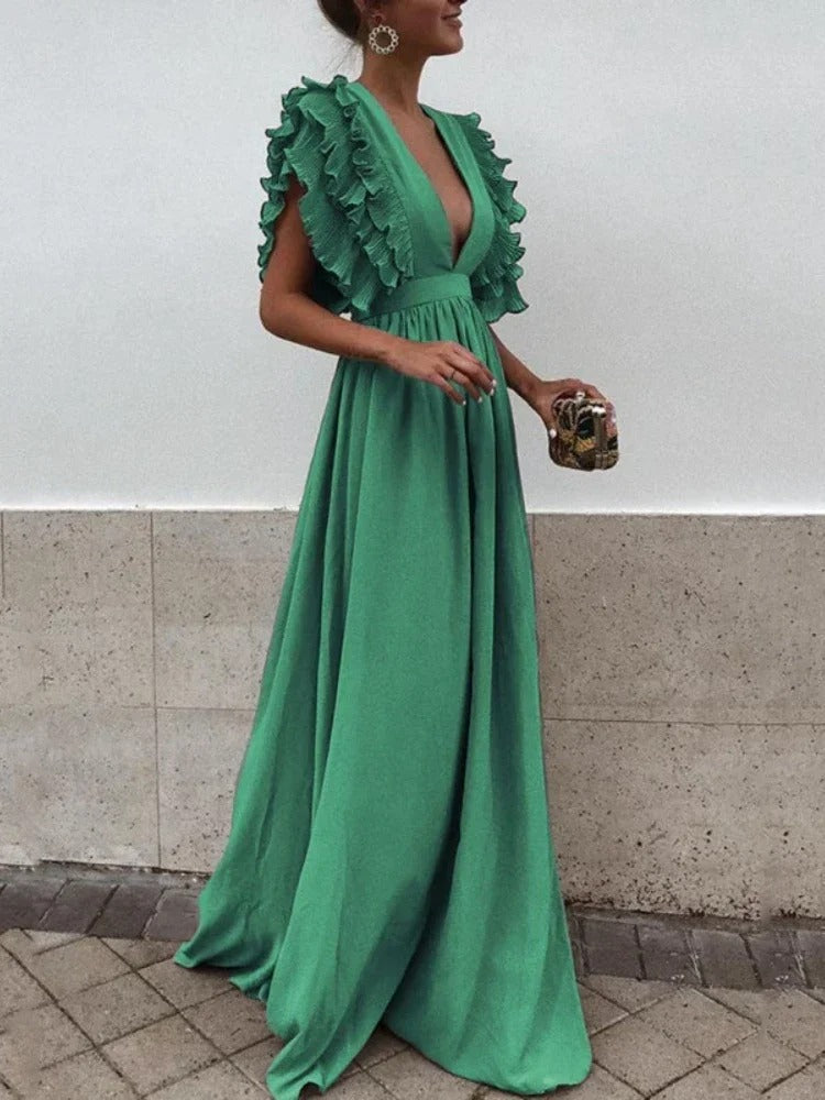 Vestido Elegante Escote V y Mangas Voladas - Vestiria