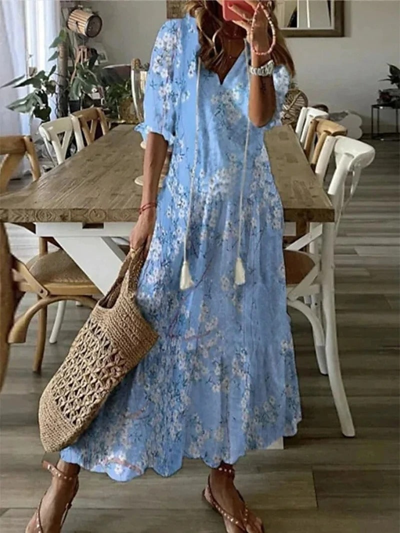 Vestido Largo Floral Estampado con Lazo Cintura