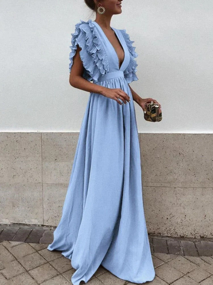 Vestido Elegante Escote V y Mangas Voladas