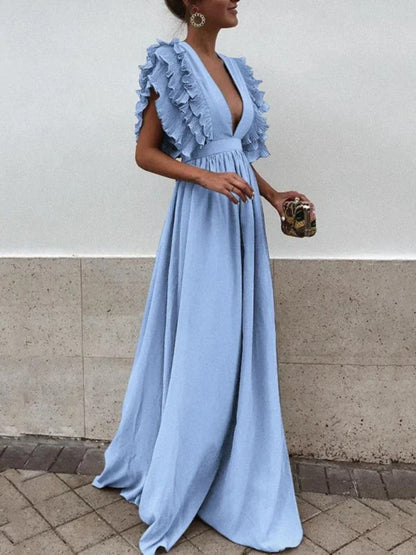 Vestido Elegante Escote V y Mangas Voladas