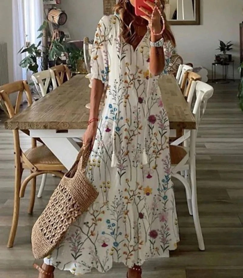 Vestido Largo Floral Estampado con Lazo Cintura