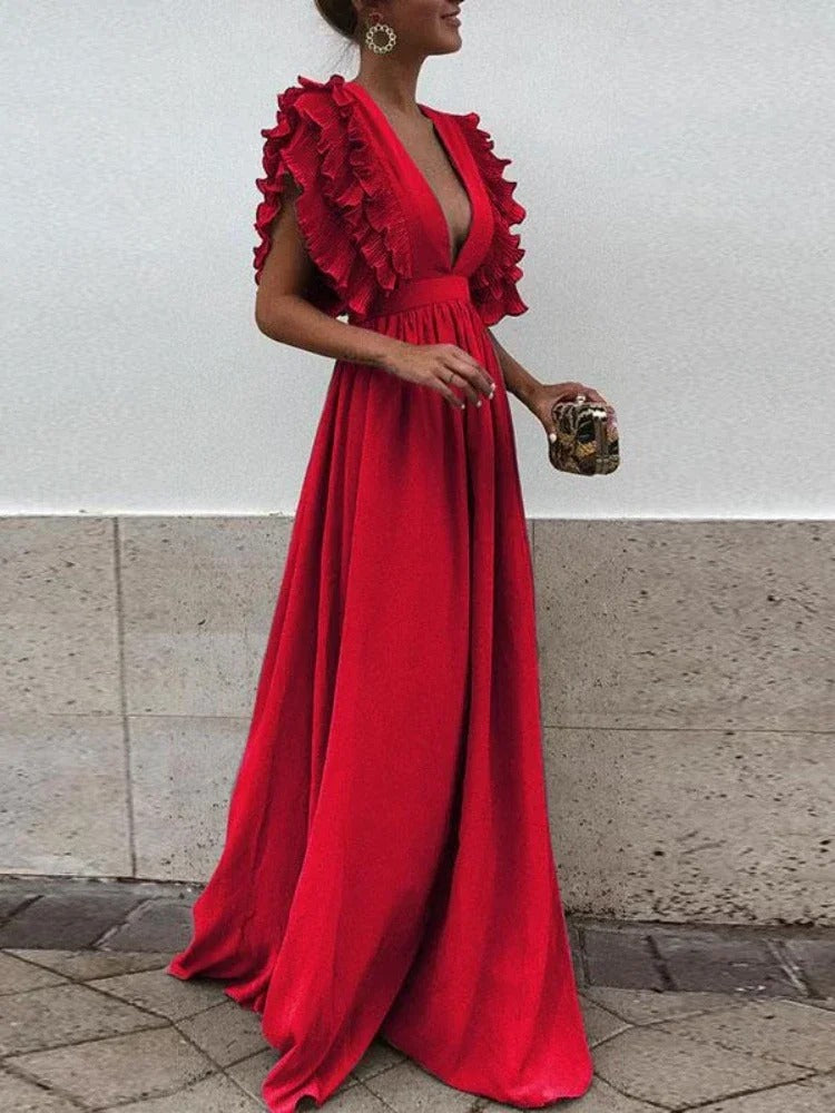Vestido Elegante Escote V y Mangas Voladas