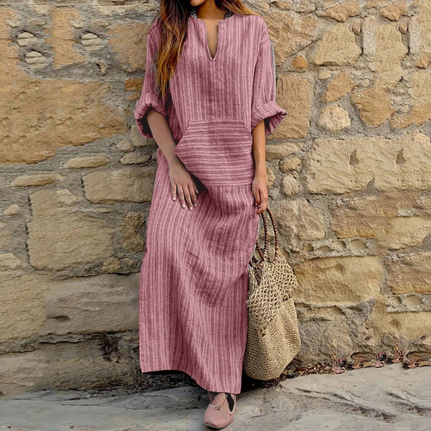 Vestido Largo Rayas Relajado Cuello Pico - Vestiria
