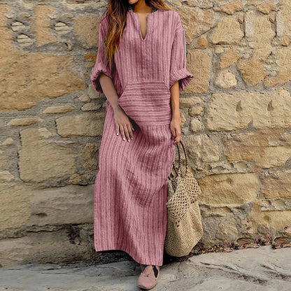 Vestido Largo Rayas Relajado Cuello Pico - Vestiria