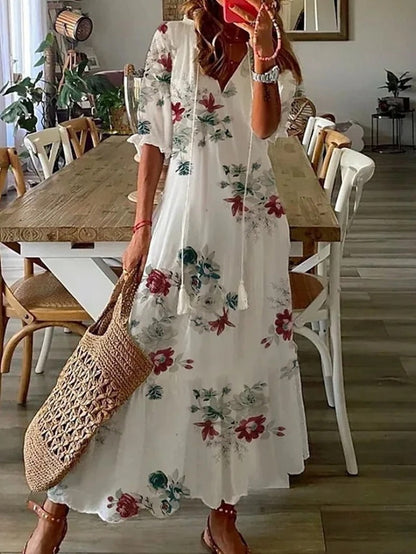 Vestido Largo Floral Estampado con Lazo Cintura