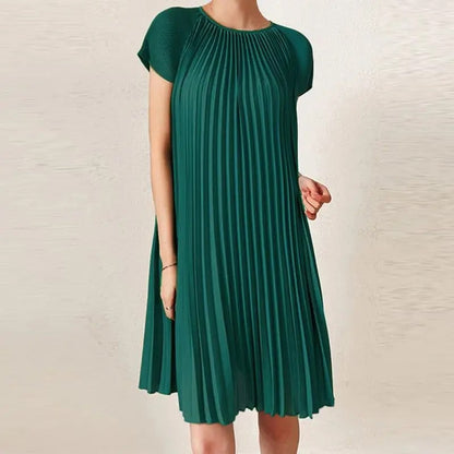 Vestido Midi Plisado Elegante Cuello Redondo