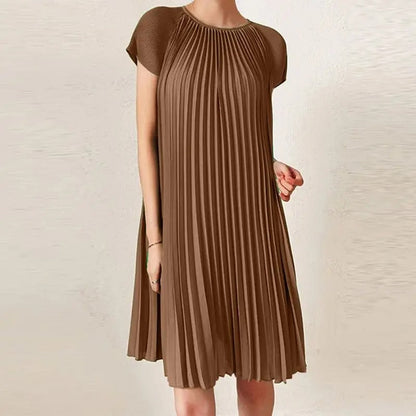 Vestido Midi Plisado Elegante Cuello Redondo