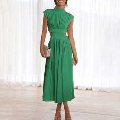 Vestido Plisado Cuello Alto Elegante