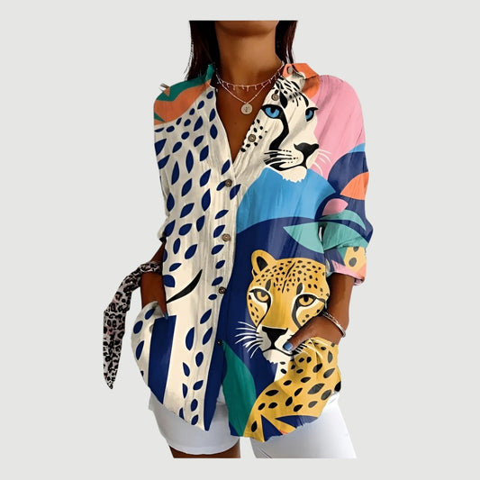 Blusa mujer estampado leopardo botones elegante - Vestiria