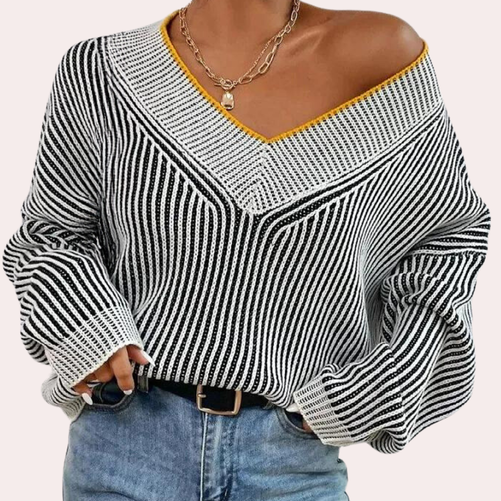 Jersey de punto a rayas con escote descubierto - Vestiria